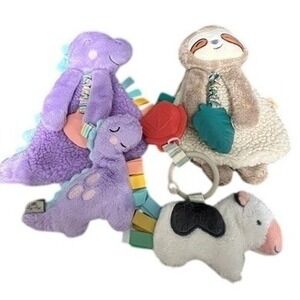 Itzy Ritzy Plush Baby Toys Set Dinosaur Sloth Cow Sensory Teether Clip On